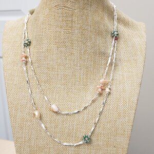 Style & Co, NWT, extra long silver tone coral green stone beaded necklace